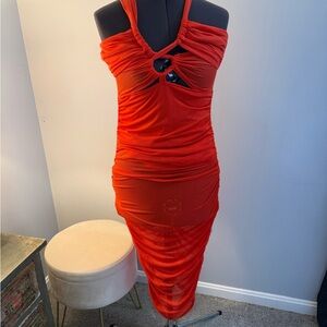 ASOS Orange Red Cutout Ruched Midi Dress
